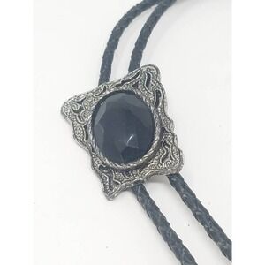 Vintage western bolo tie silver tone black acrylic cabochon center
